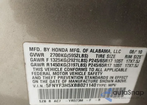 2011 Honda Pilot Ex-L z USA, uszkodzony, nr VIN 5FNYF3H5XBB021140